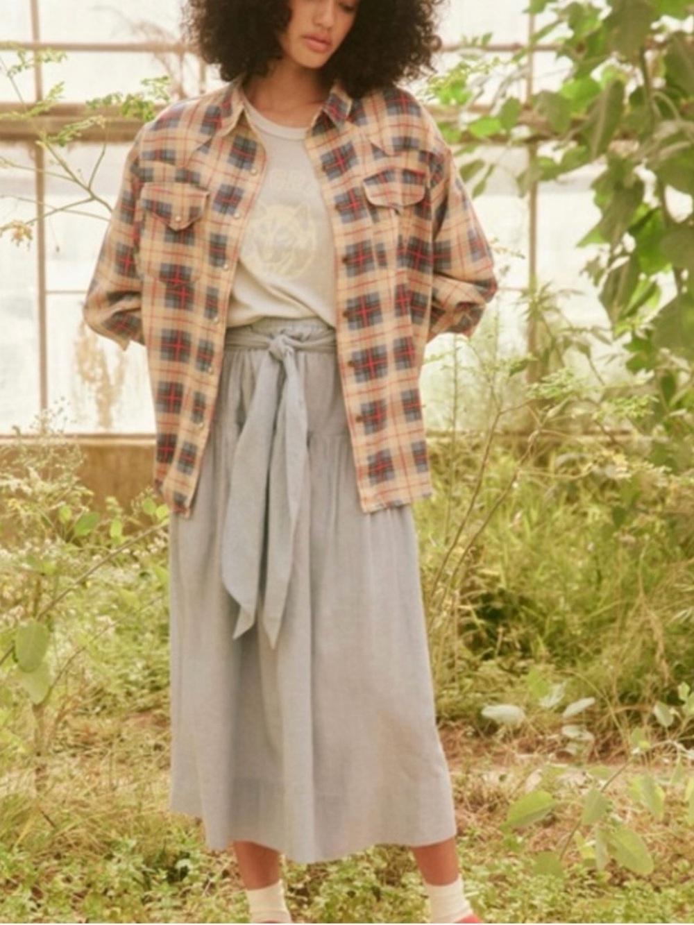 THE GREAT. Beige Plaid Button-Down Shirt Jacket